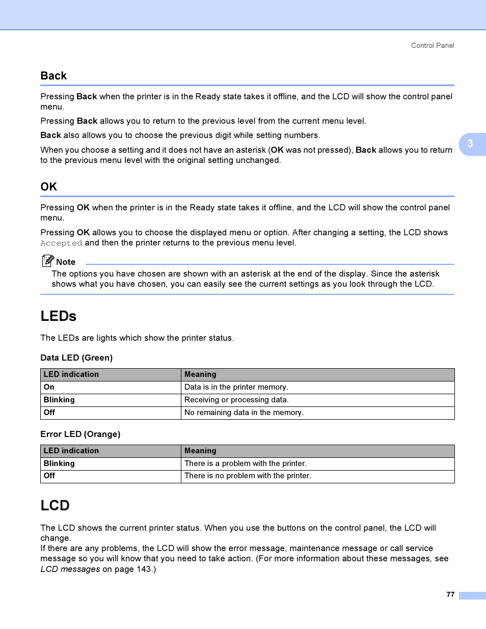 Back, Leds, Back ok | Leds lcd, 3back | Brother HL 3070CW User Manual | Page 87 / 200