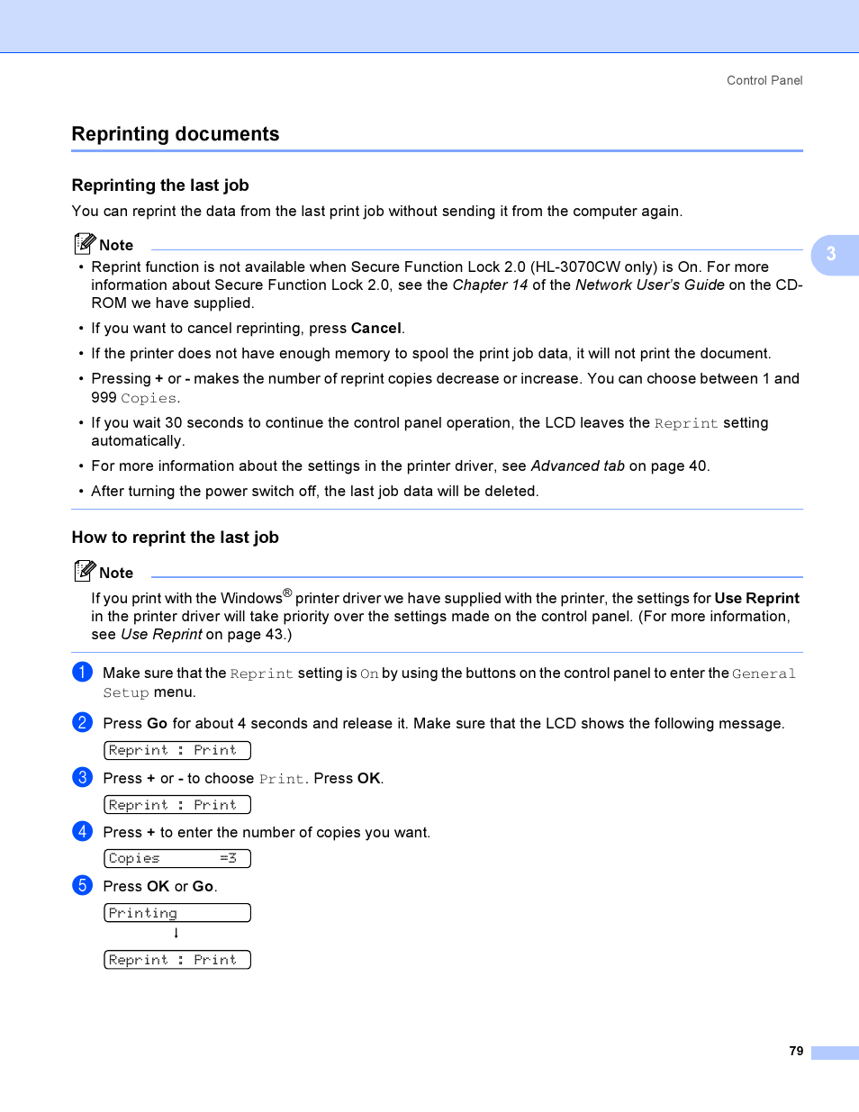 Reprinting documents, Reprinting the last job, How to reprint the last job | 3reprinting documents | Brother HL 3070CW User Manual | Page 89 / 200