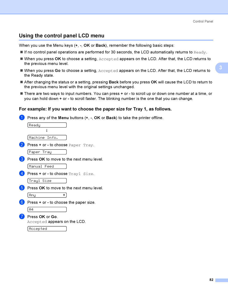 Using the control panel lcd menu, 3using the control panel lcd menu | Brother HL 3070CW User Manual | Page 92 / 200