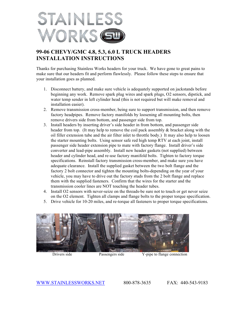 Stainless Works Chevy Silverado/GMC Sierra 1/2 Ton 1999-02 Headers User Manual | 1 page