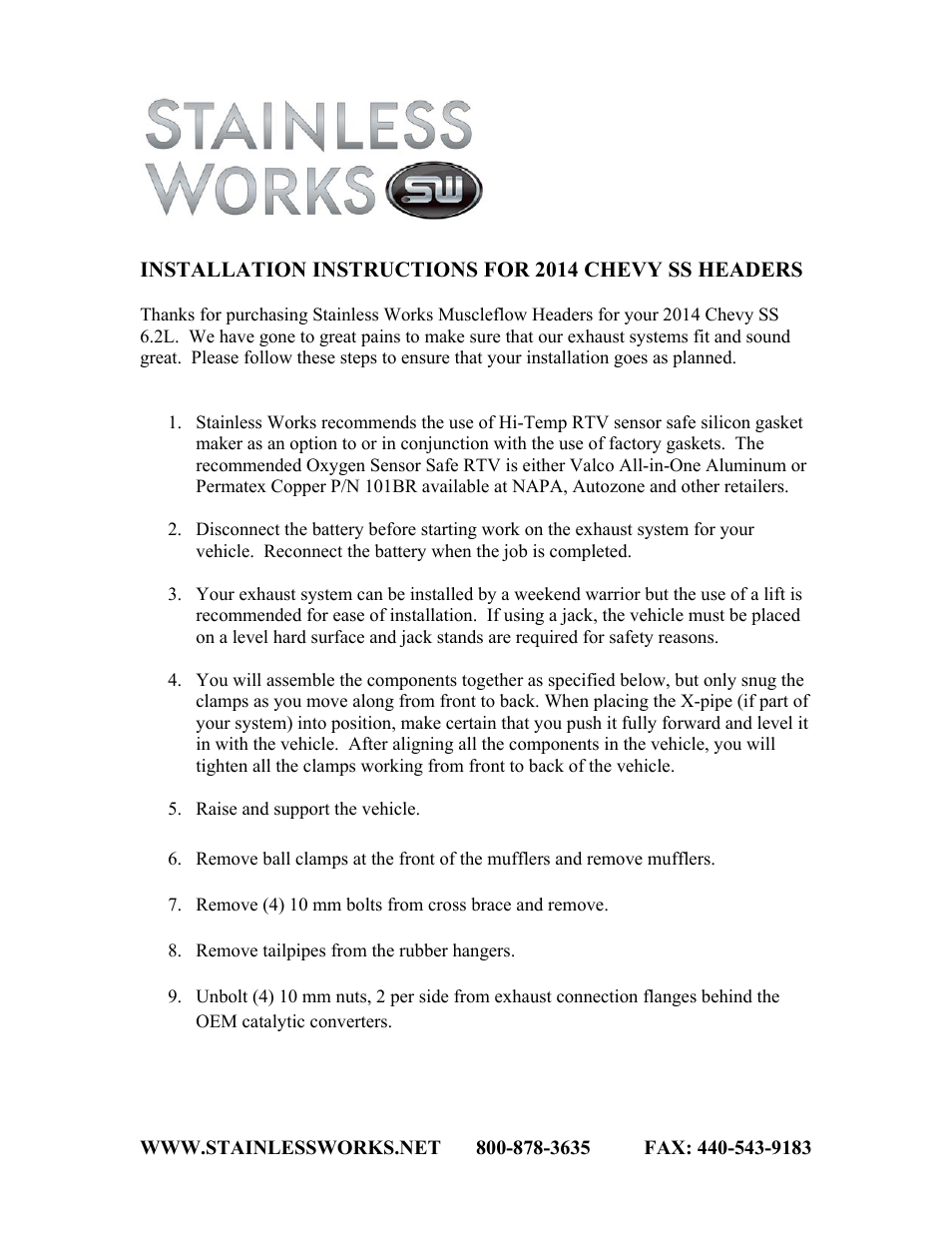 Stainless Works Chevy SS 2014 Headers User Manual | 4 pages