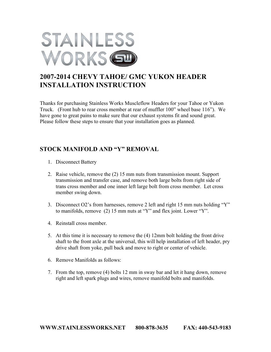 Stainless Works Chevy Tahoe/Yukon 2007-14 Headers User Manual | 2 pages