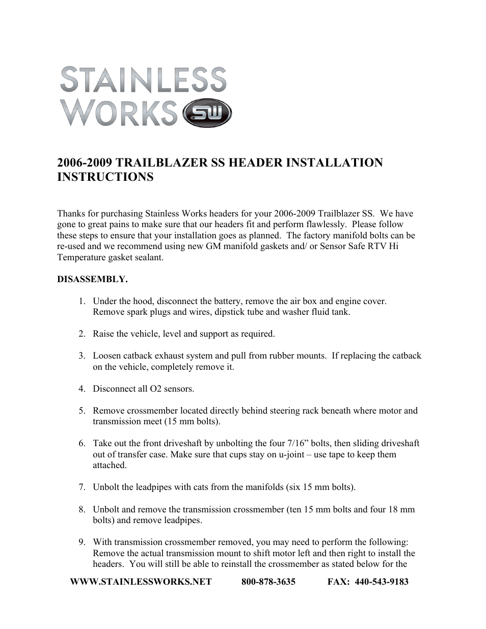 Stainless Works Chevy Trailblazer SS 2006-09 Headers User Manual | 3 pages