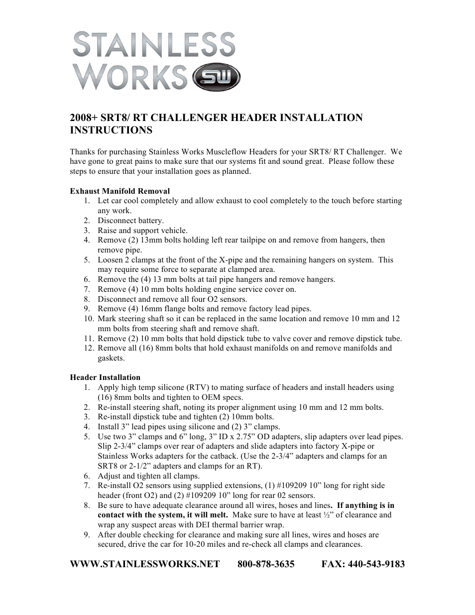 Stainless Works Dodge Challenger 5.7L / 6.1L / 6.4L 2008-14 Headers User Manual | 1 page