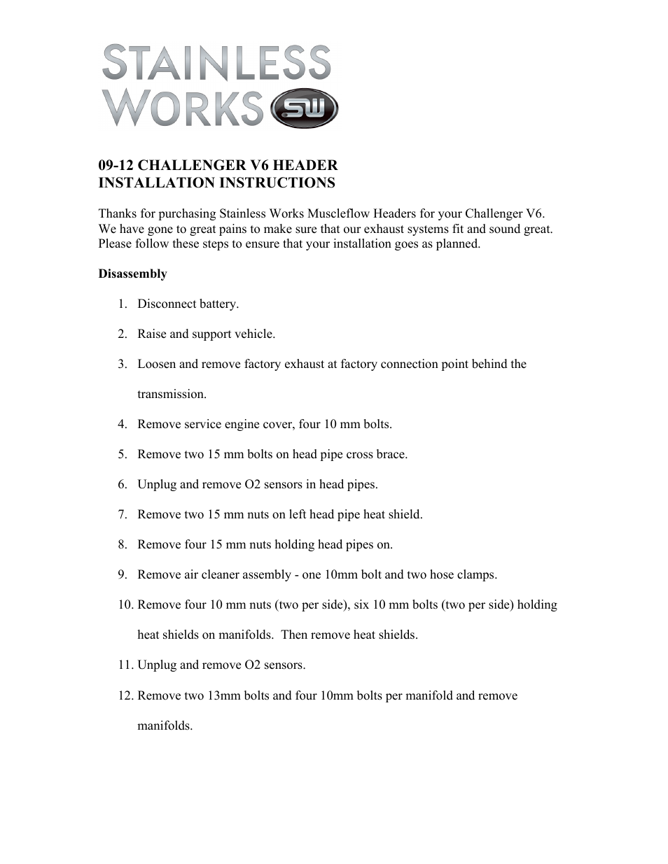 Stainless Works Dodge Challenger V6 2009-12 Headers User Manual | 2 pages