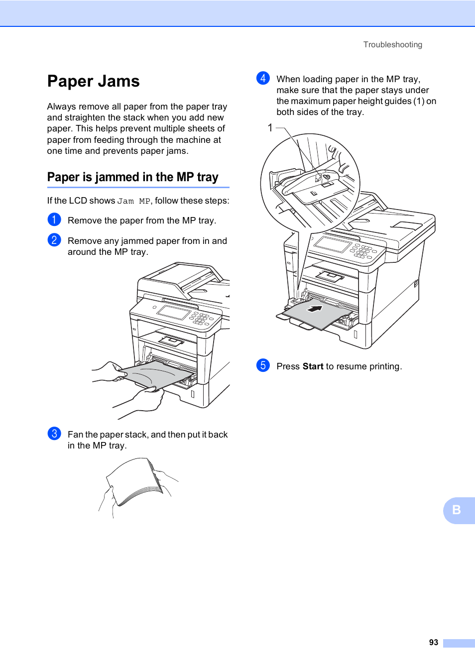 Paper jams, Paper is jammed in the mp tray, Paper is jammed in the mp tray uu | Brother Copier/Printer MFC-895DW User Manual | Page 105 / 198