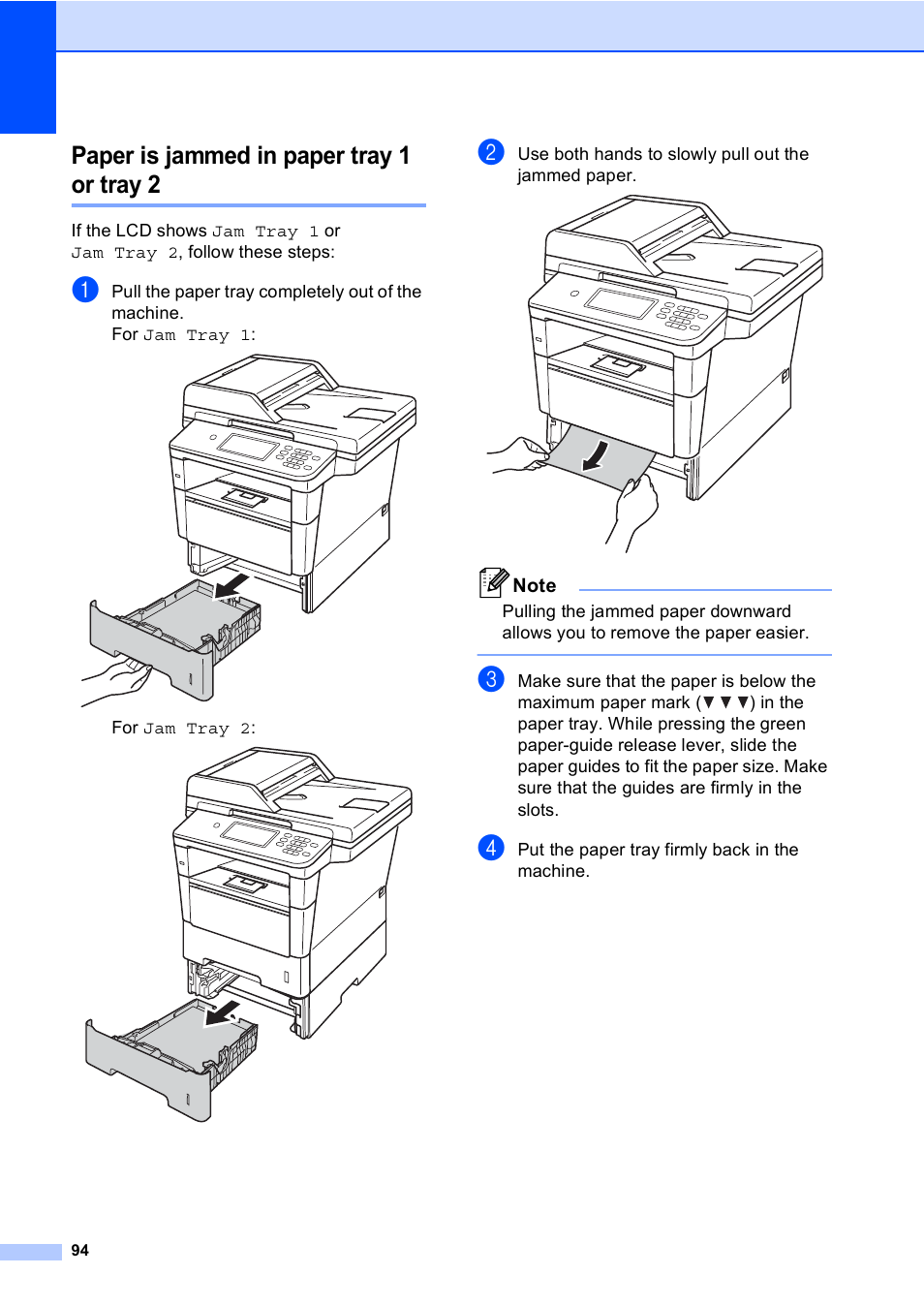 Paper is jammed in paper tray 1 or tray 2, Paper is jammed in paper tray 1 or tray 2 uu | Brother Copier/Printer MFC-895DW User Manual | Page 106 / 198