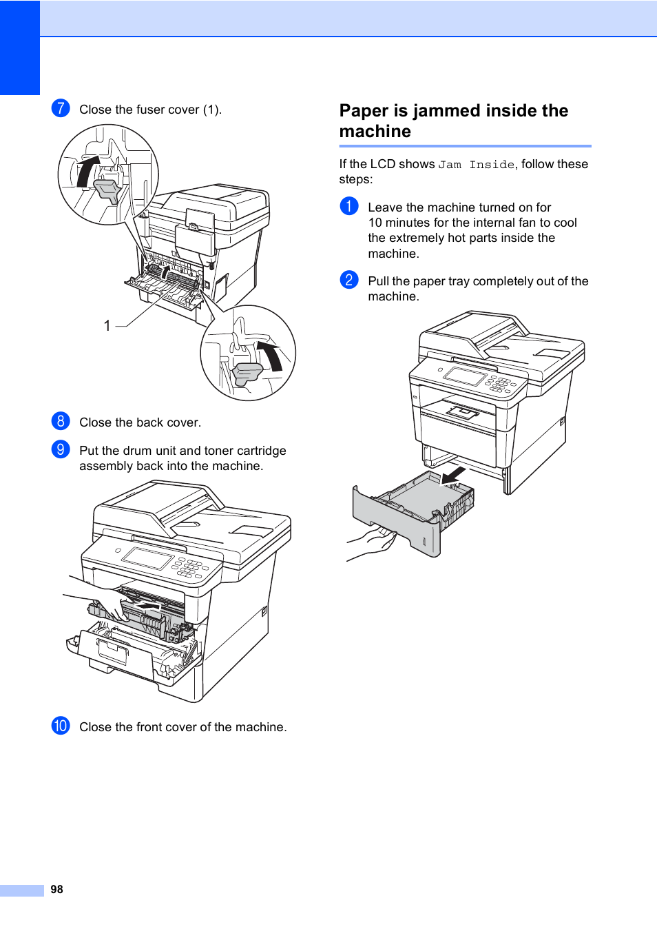 Paper is jammed inside the machine, Paper is jammed inside the machine uu | Brother Copier/Printer MFC-895DW User Manual | Page 110 / 198