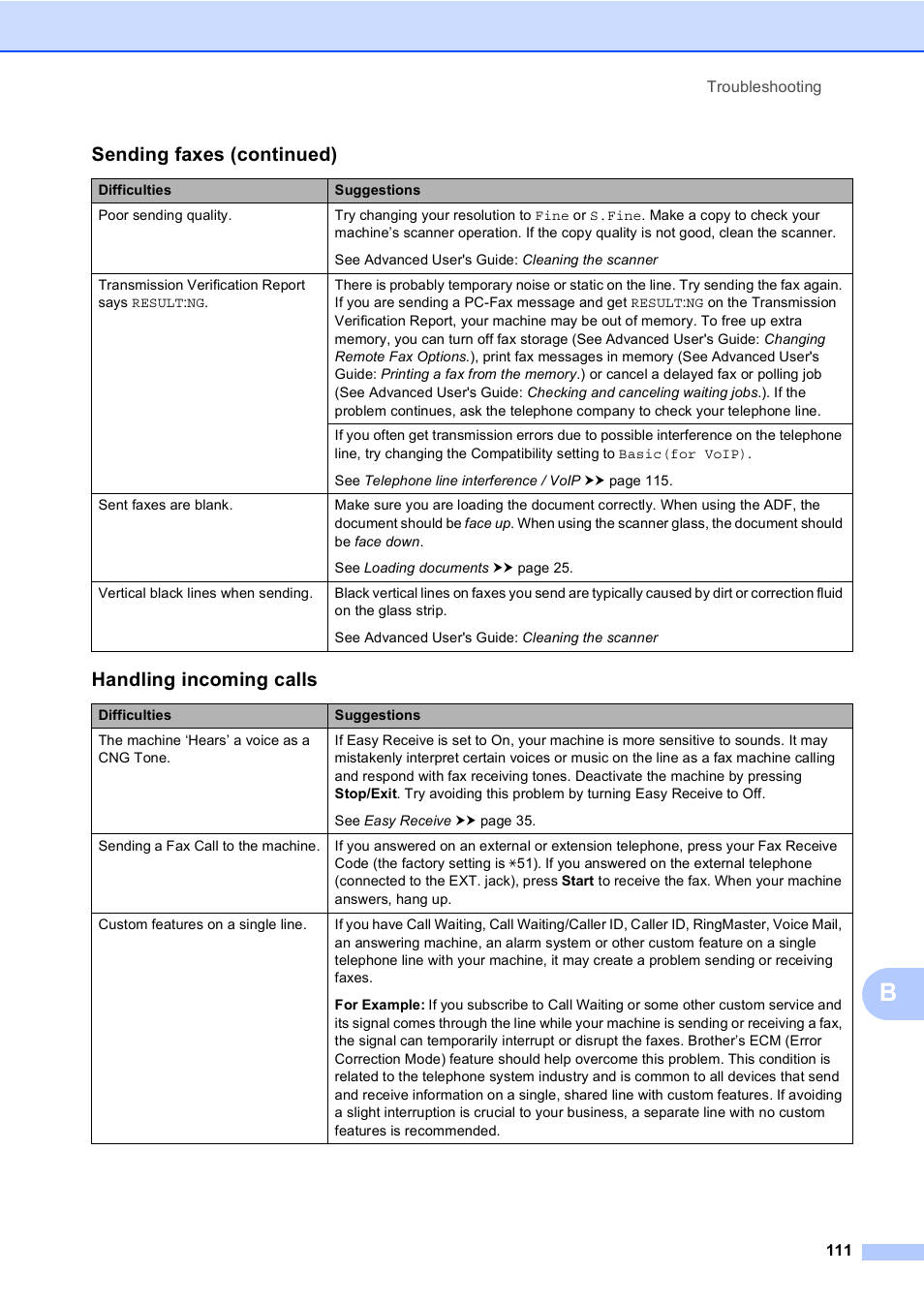 Handling incoming calls, Sending faxes (continued) | Brother Copier/Printer MFC-895DW User Manual | Page 123 / 198