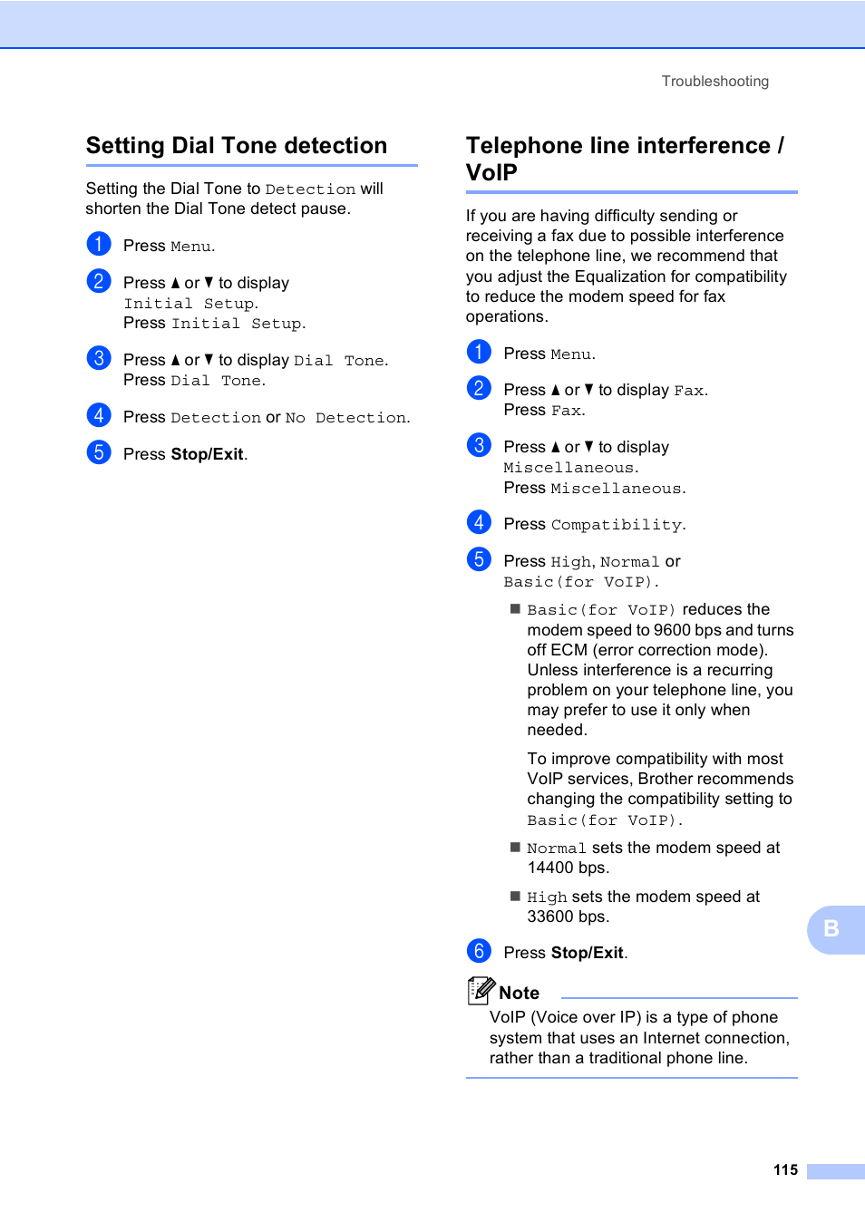 Setting dial tone detection, Telephone line interference / voip, Bsetting dial tone detection | Brother Copier/Printer MFC-895DW User Manual | Page 127 / 198