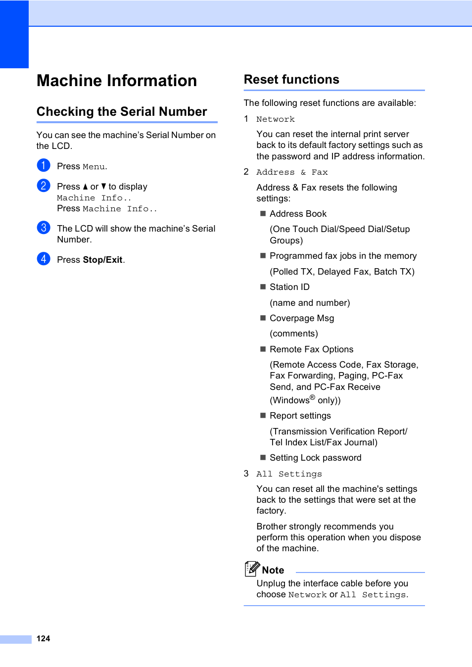 Machine information, Checking the serial number, Reset functions | Checking the serial number reset functions | Brother Copier/Printer MFC-895DW User Manual | Page 136 / 198