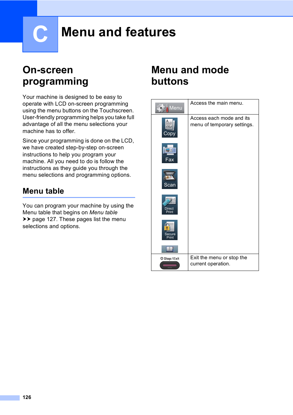 C menu and features, On-screen programming, Menu table | Menu and mode buttons, Menu and features | Brother Copier/Printer MFC-895DW User Manual | Page 138 / 198