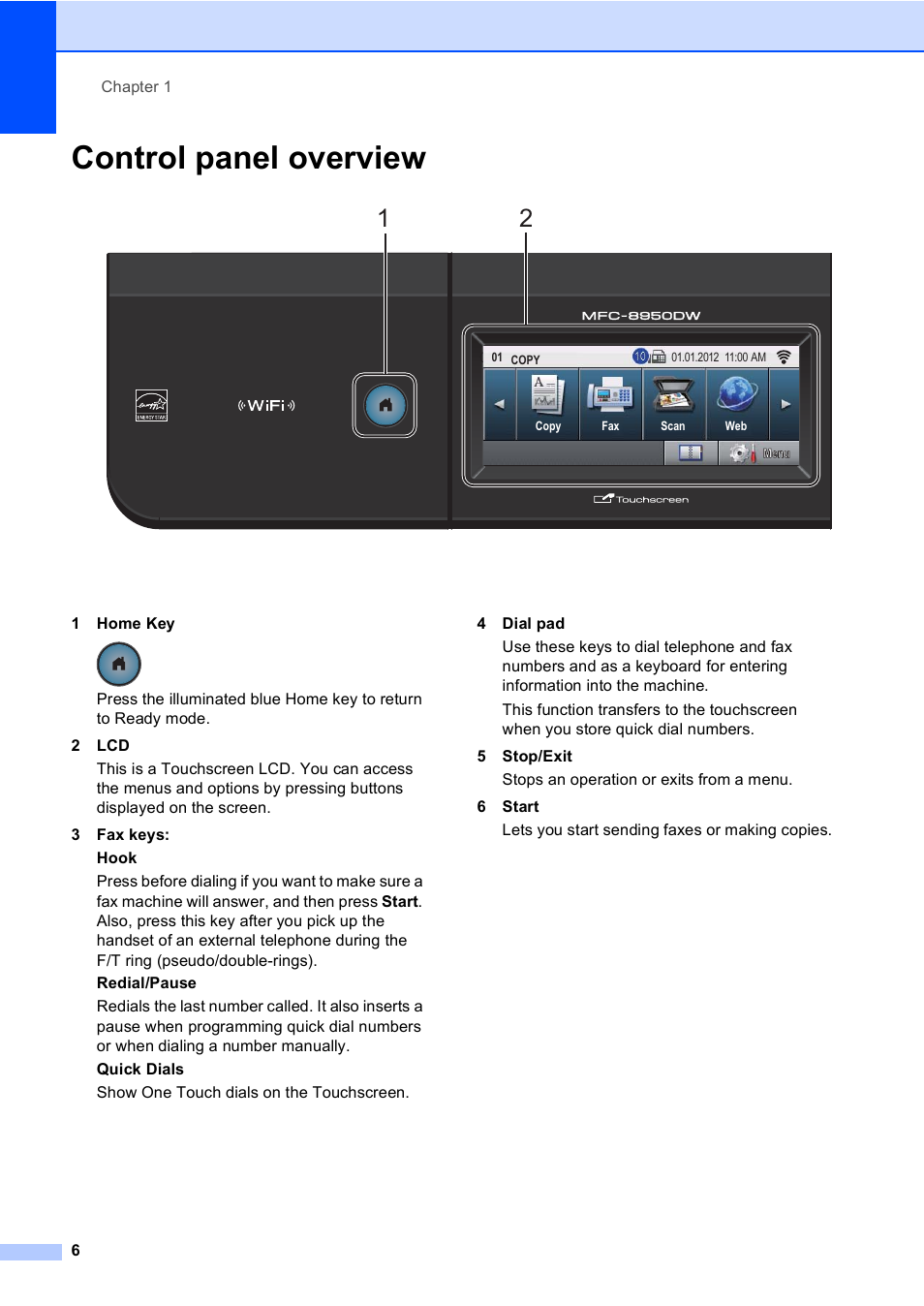 Control panel overview | Brother Copier/Printer MFC-895DW User Manual | Page 18 / 198