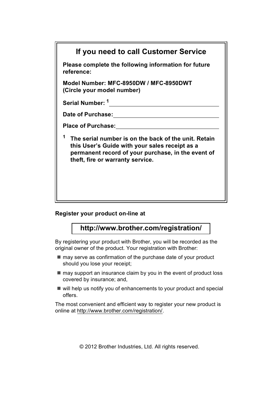 If you need to call customer service | Brother Copier/Printer MFC-895DW User Manual | Page 2 / 198