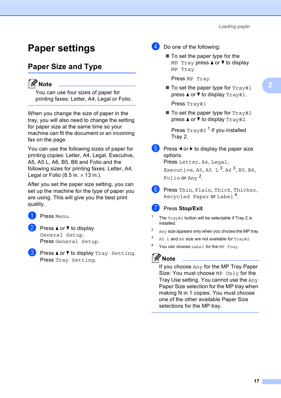 Paper settings, Paper size and type | Brother Copier/Printer MFC-895DW User Manual | Page 29 / 198