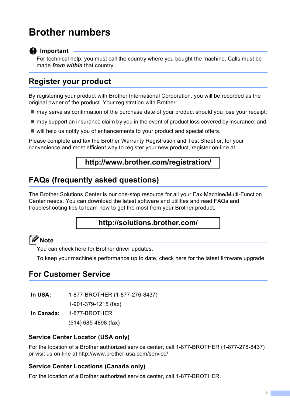 Brother numbers, Register your product, Faqs (frequently asked questions) | For customer service | Brother Copier/Printer MFC-895DW User Manual | Page 3 / 198