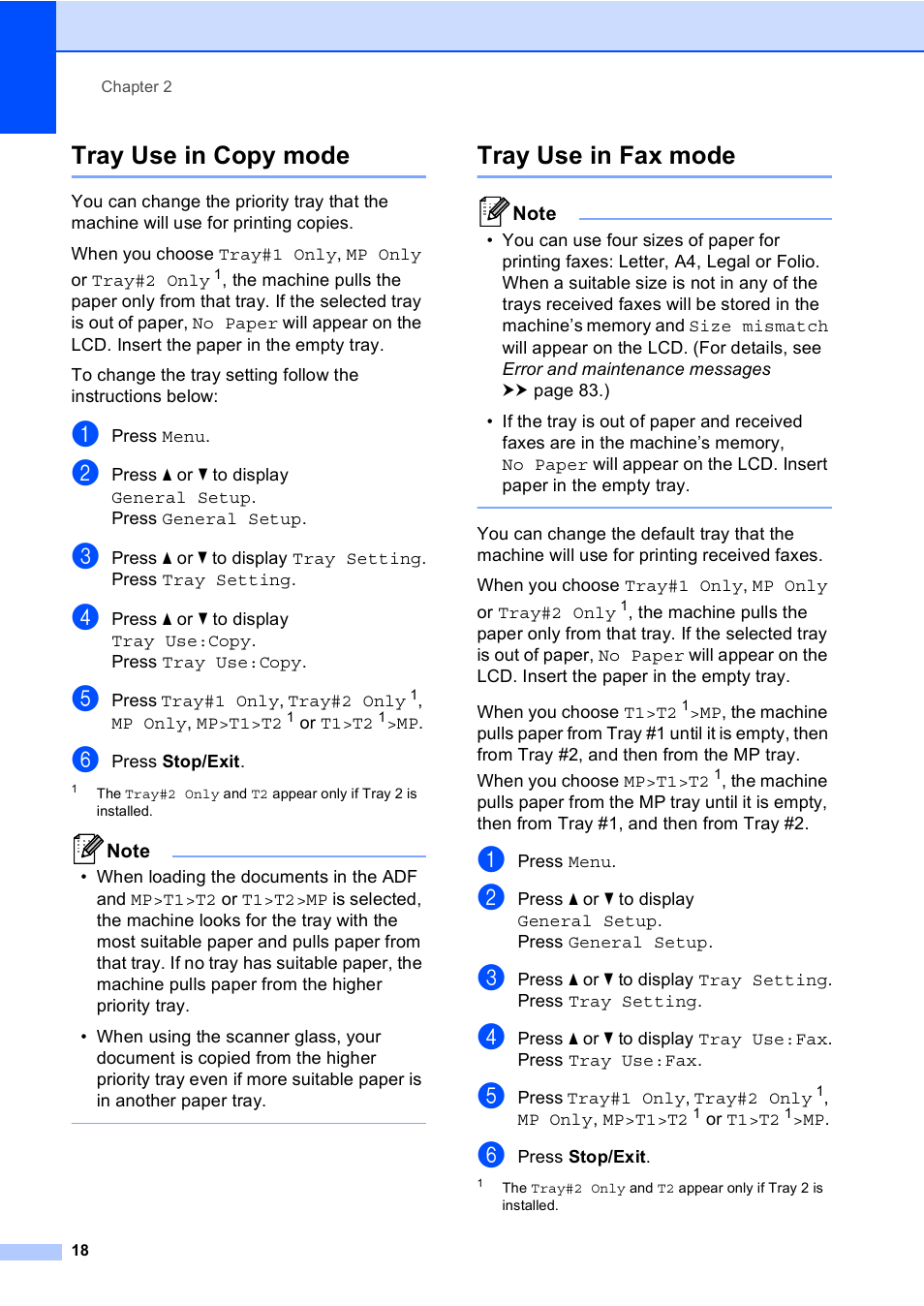 Tray use in copy mode, Tray use in fax mode, Tray use in copy mode tray use in fax mode | Brother Copier/Printer MFC-895DW User Manual | Page 30 / 198