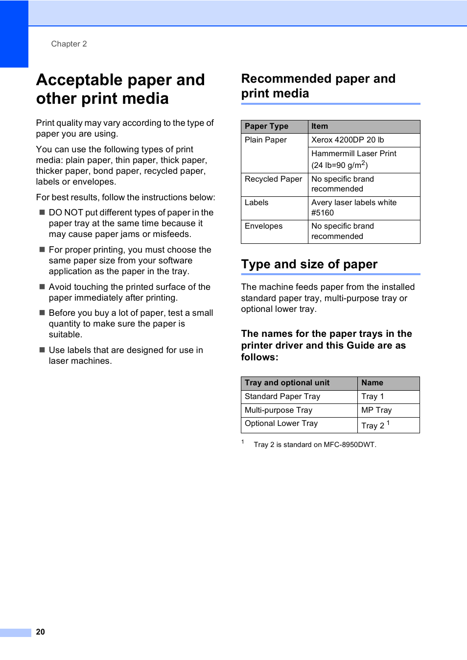 Acceptable paper and other print media, Recommended paper and print media, Type and size of paper | E acceptable paper and other print media uu | Brother Copier/Printer MFC-895DW User Manual | Page 32 / 198