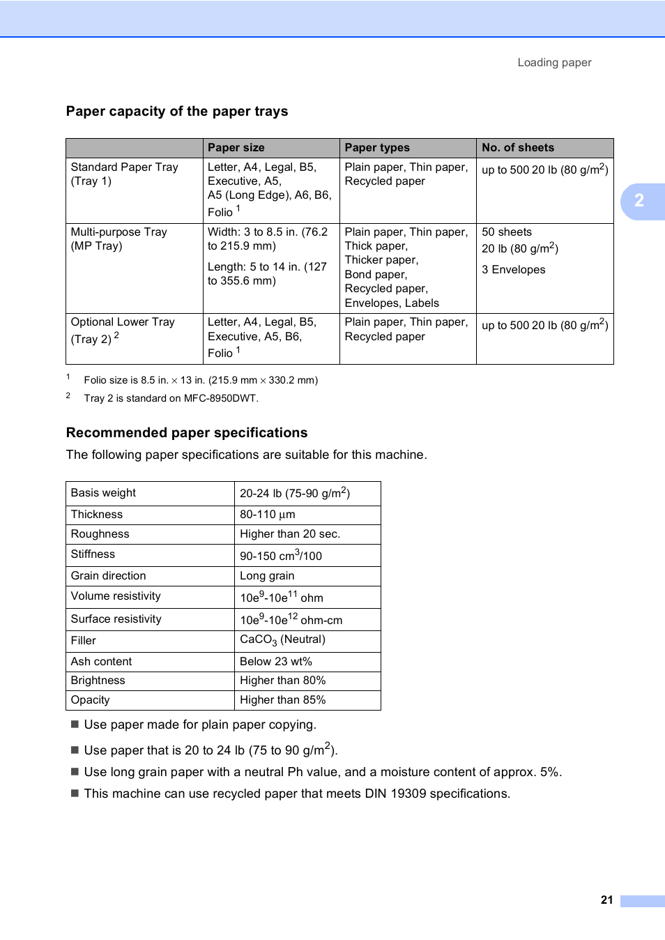 Paper capacity of the paper trays, Recommended paper specifications | Brother Copier/Printer MFC-895DW User Manual | Page 33 / 198