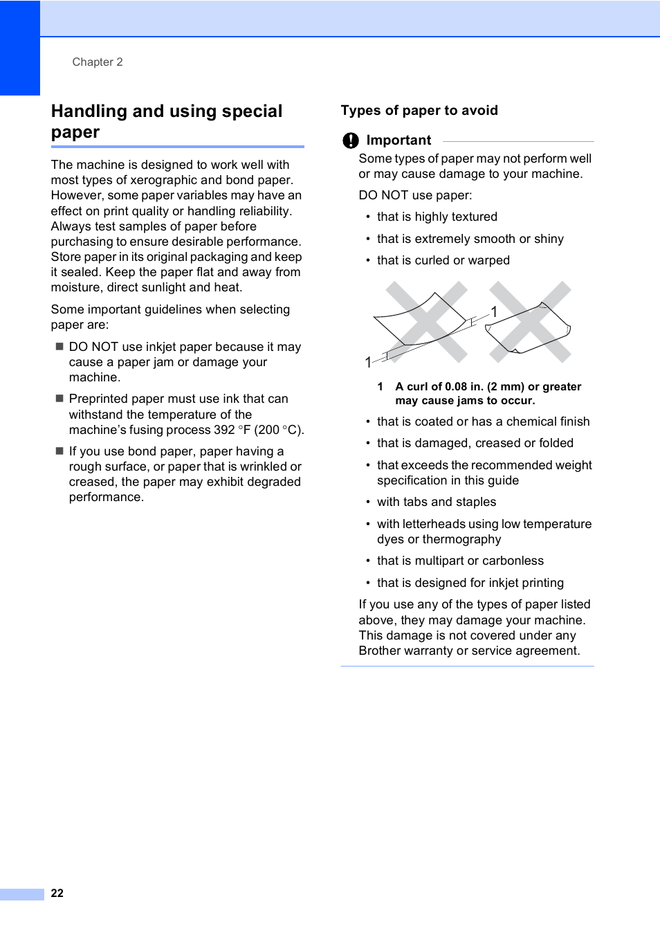 Handling and using special paper, Types of paper to avoid | Brother Copier/Printer MFC-895DW User Manual | Page 34 / 198