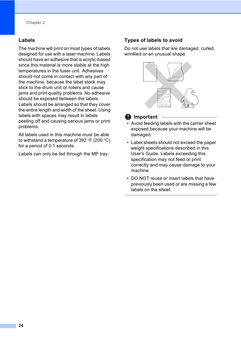 Labels, Types of labels to avoid, Important | Brother Copier/Printer MFC-895DW User Manual | Page 36 / 198