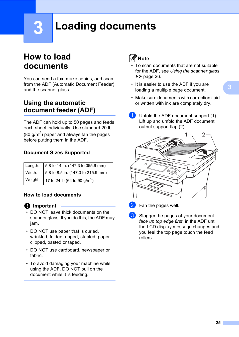 3 loading documents, How to load documents, Using the automatic document feeder (adf) | Document sizes supported, Loading documents | Brother Copier/Printer MFC-895DW User Manual | Page 37 / 198