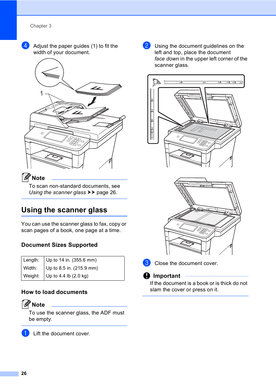Using the scanner glass, Document sizes supported, How to load documents | Important | Brother Copier/Printer MFC-895DW User Manual | Page 38 / 198