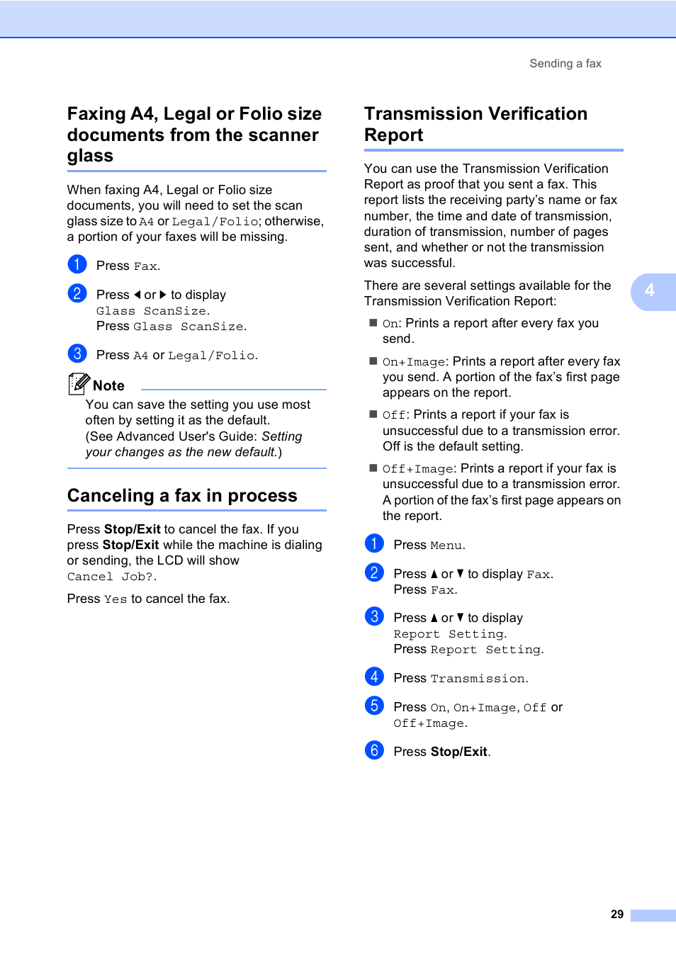 Canceling a fax in process, Transmission verification report | Brother Copier/Printer MFC-895DW User Manual | Page 41 / 198