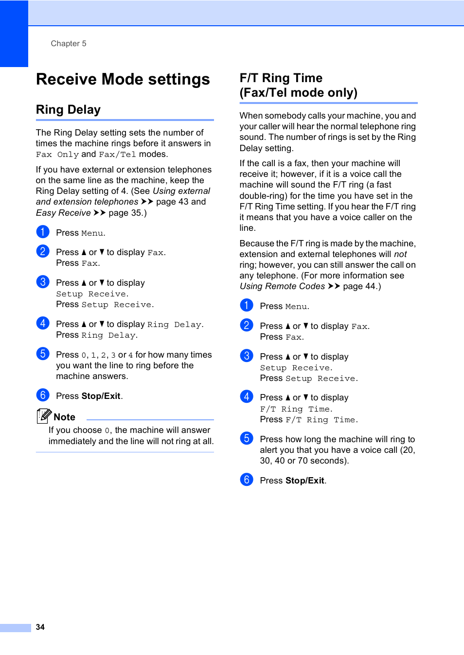 Receive mode settings, Ring delay, F/t ring time (fax/tel mode only) | Ring delay f/t ring time (fax/tel mode only), Ee f/t ring time (fax/tel mode only) uu | Brother Copier/Printer MFC-895DW User Manual | Page 46 / 198