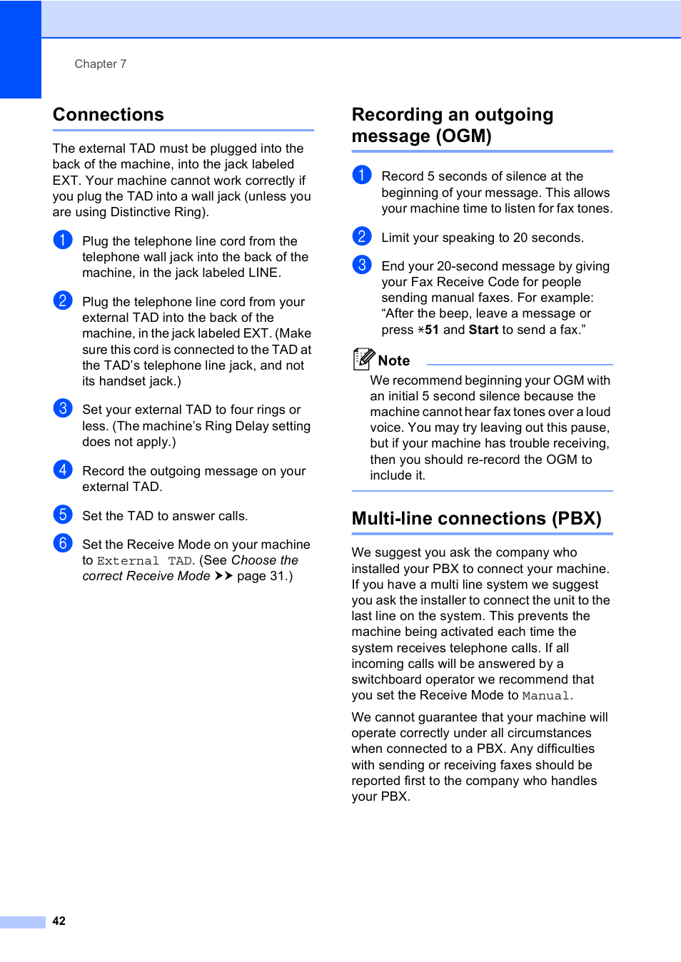 Connections, Recording an outgoing message (ogm), Multi-line connections (pbx) | Brother Copier/Printer MFC-895DW User Manual | Page 54 / 198