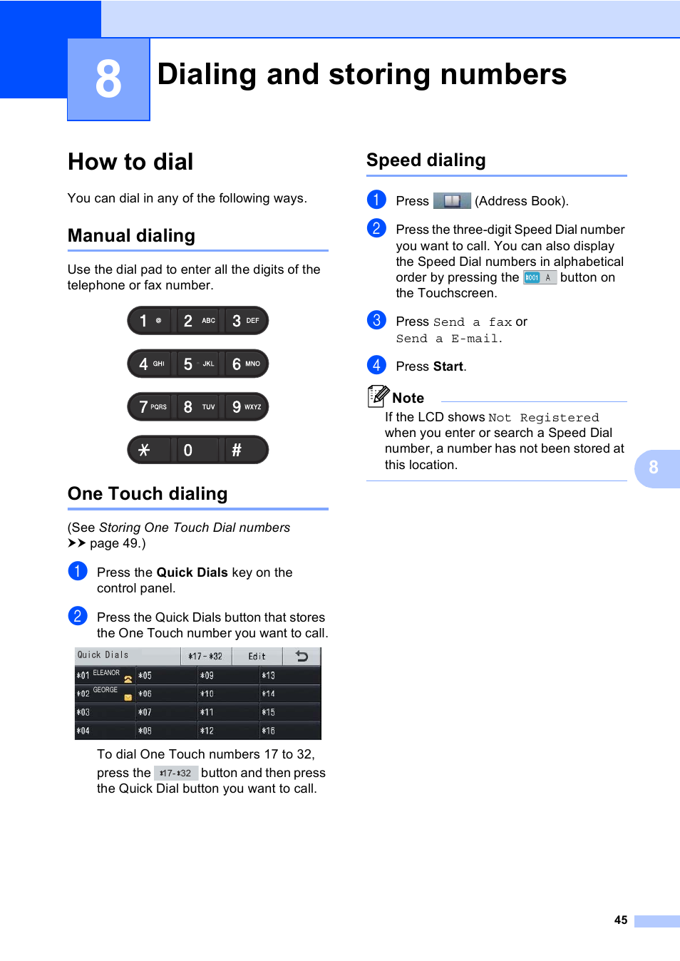 8 dialing and storing numbers, How to dial, Manual dialing | One touch dialing, Speed dialing, Dialing and storing numbers, Manual dialing one touch dialing speed dialing | Brother Copier/Printer MFC-895DW User Manual | Page 57 / 198