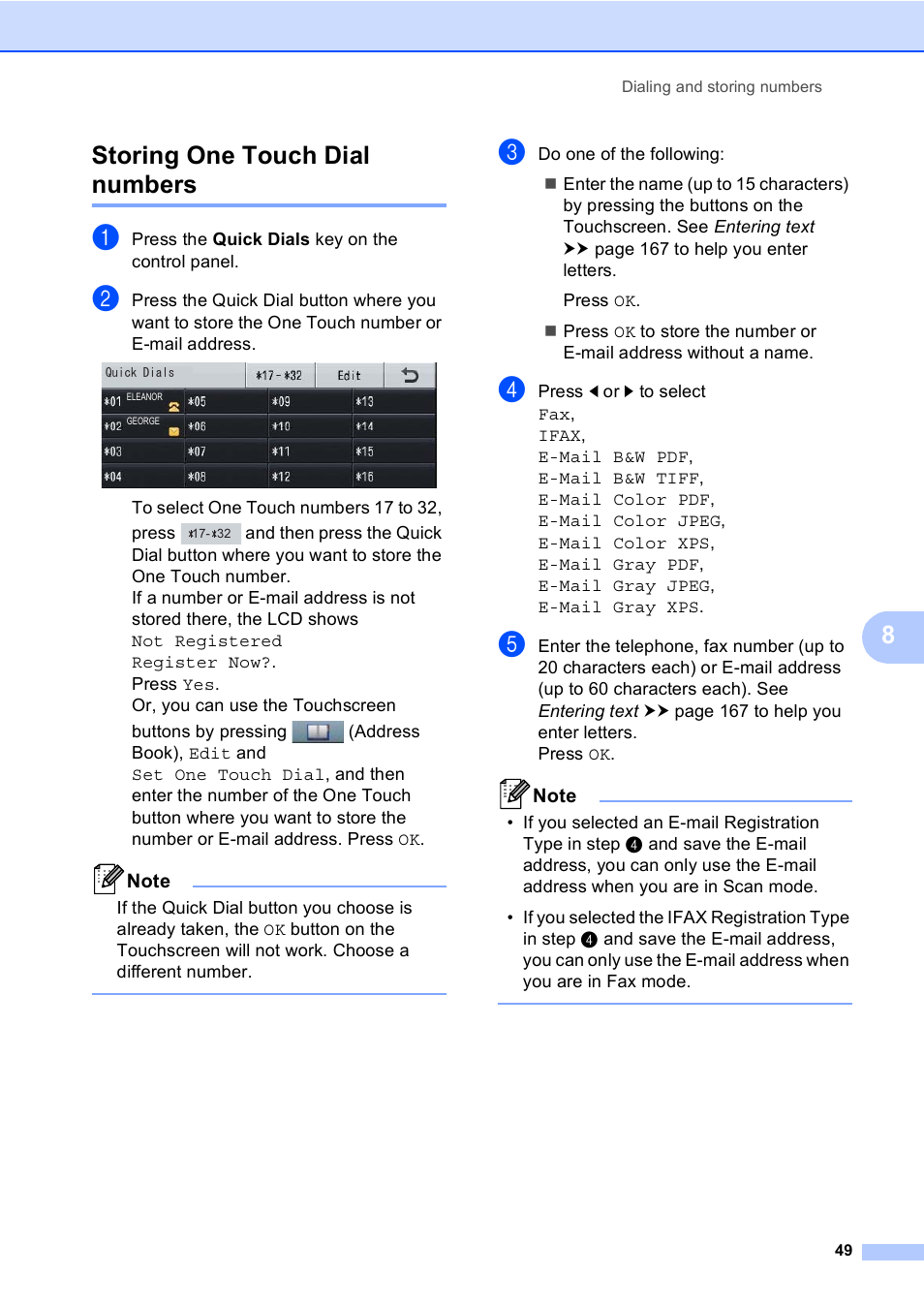 Storing one touch dial numbers, 8storing one touch dial numbers | Brother Copier/Printer MFC-895DW User Manual | Page 61 / 198