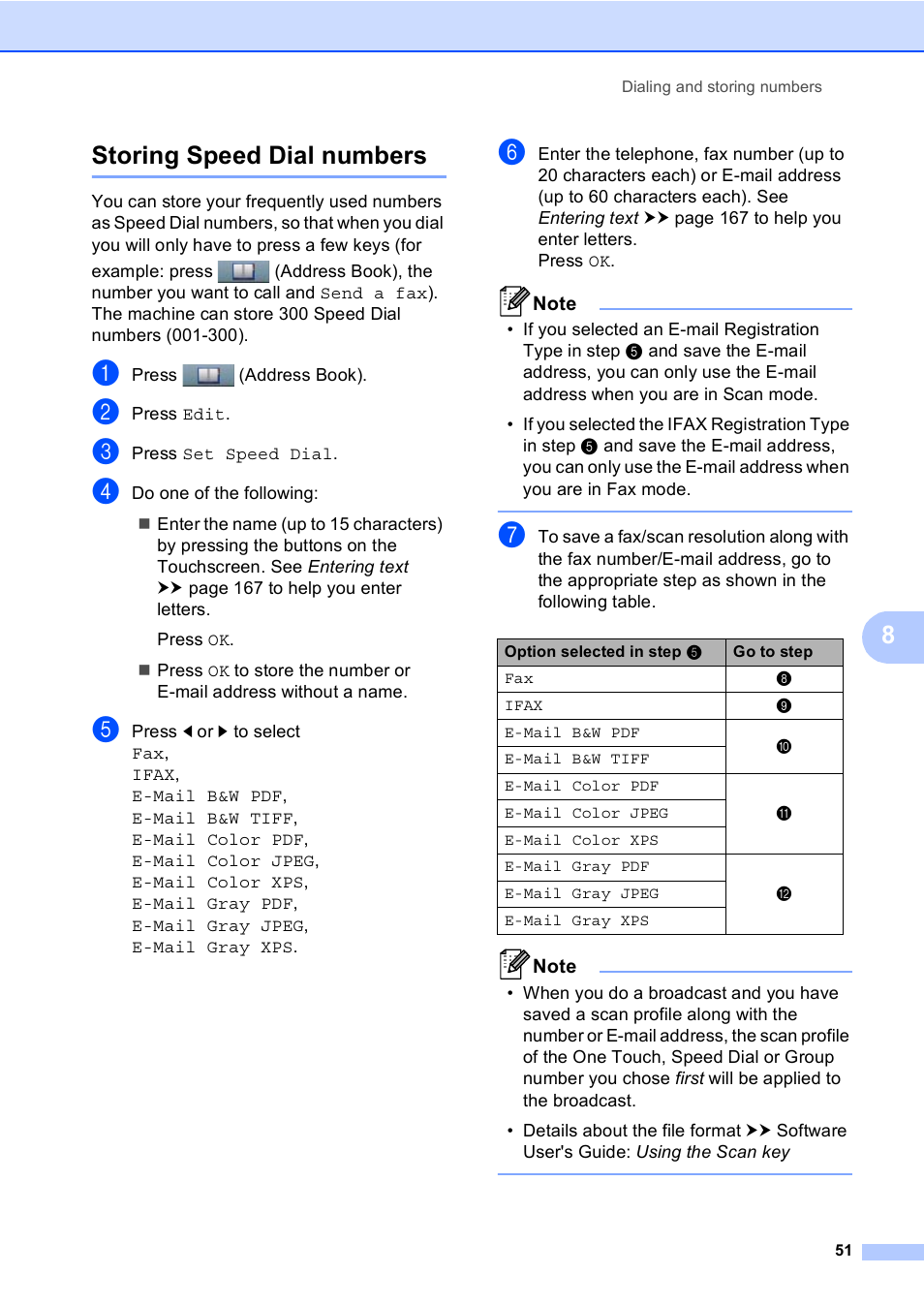 Storing speed dial numbers, 8storing speed dial numbers | Brother Copier/Printer MFC-895DW User Manual | Page 63 / 198
