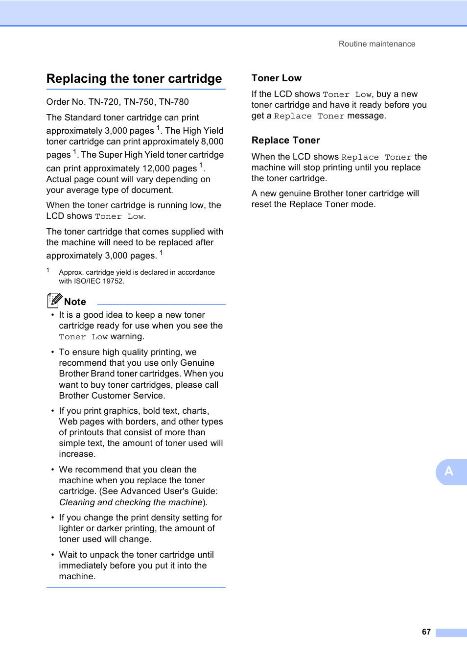 Replacing the toner cartridge, Toner low, Replace toner | Areplacing the toner cartridge | Brother Copier/Printer MFC-895DW User Manual | Page 79 / 198