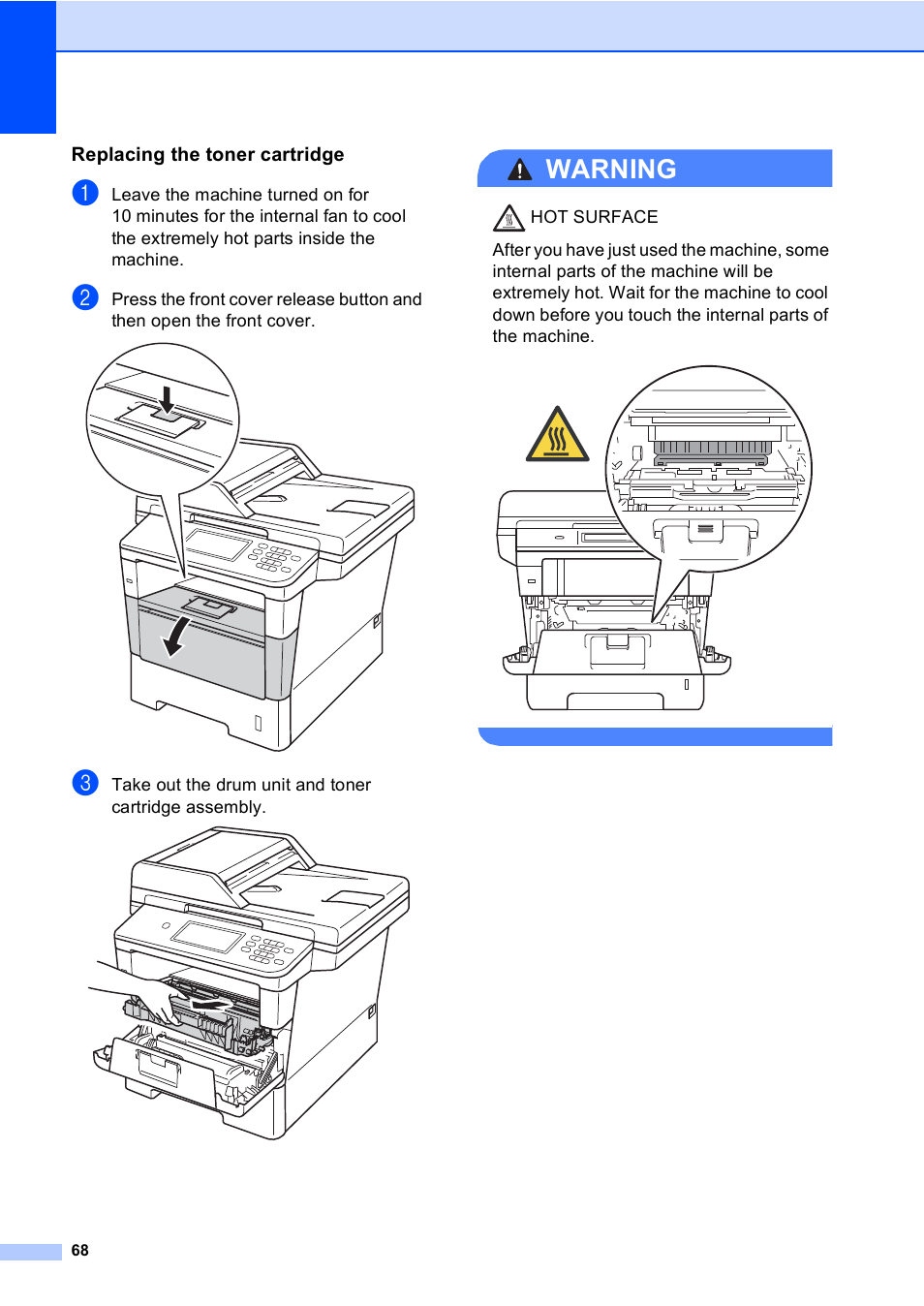 Replacing the toner cartridge, Warning | Brother Copier/Printer MFC-895DW User Manual | Page 80 / 198