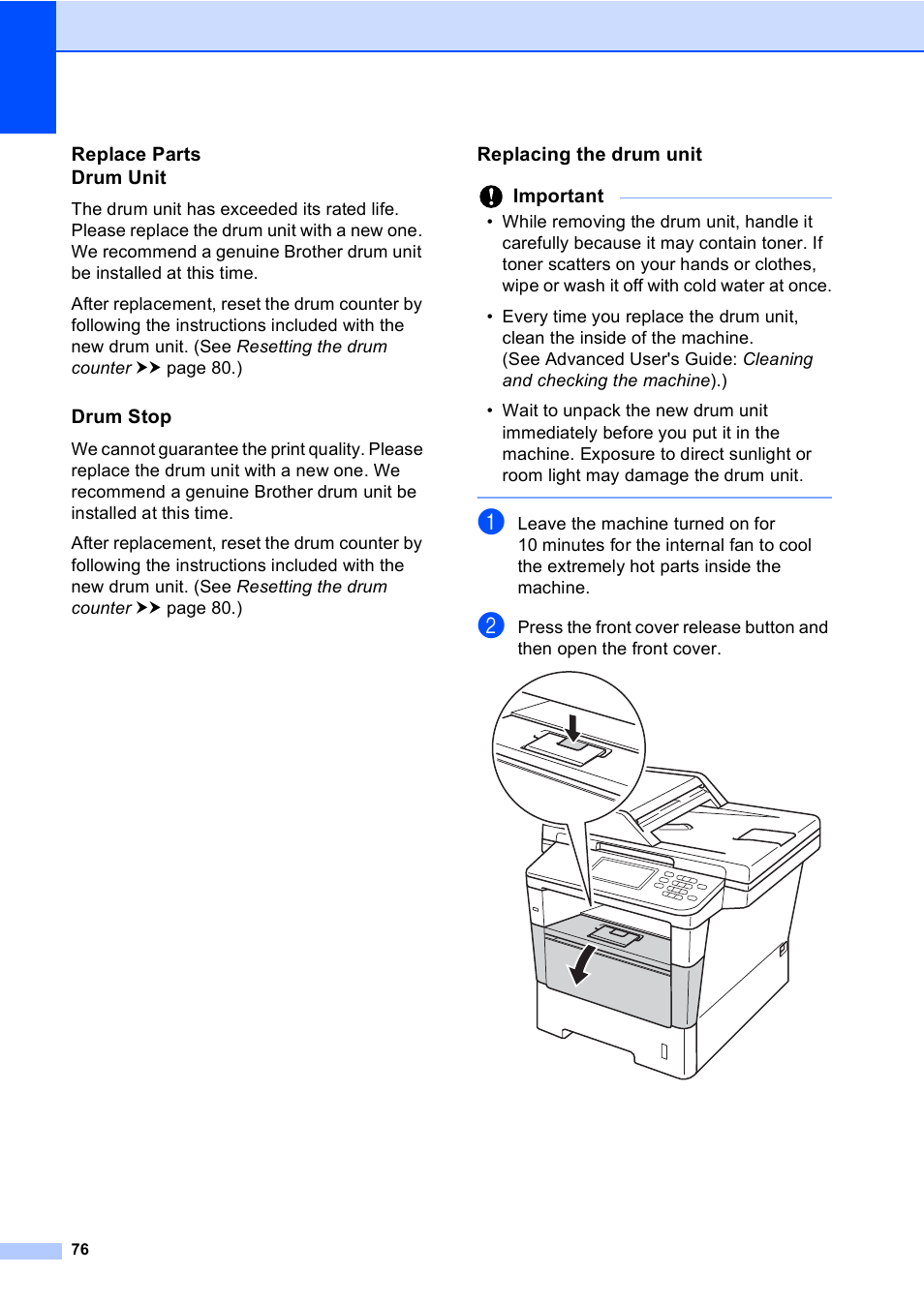 Replace parts drum unit, Drum stop, Replacing the drum unit | Brother Copier/Printer MFC-895DW User Manual | Page 88 / 198