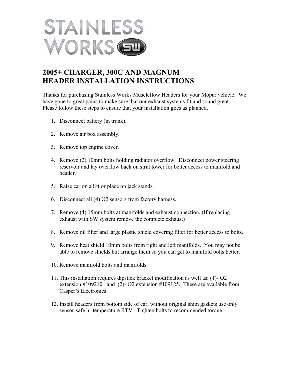 Stainless Works Dodge Charger / Magnum 2005-13 Headers User Manual | 2 pages