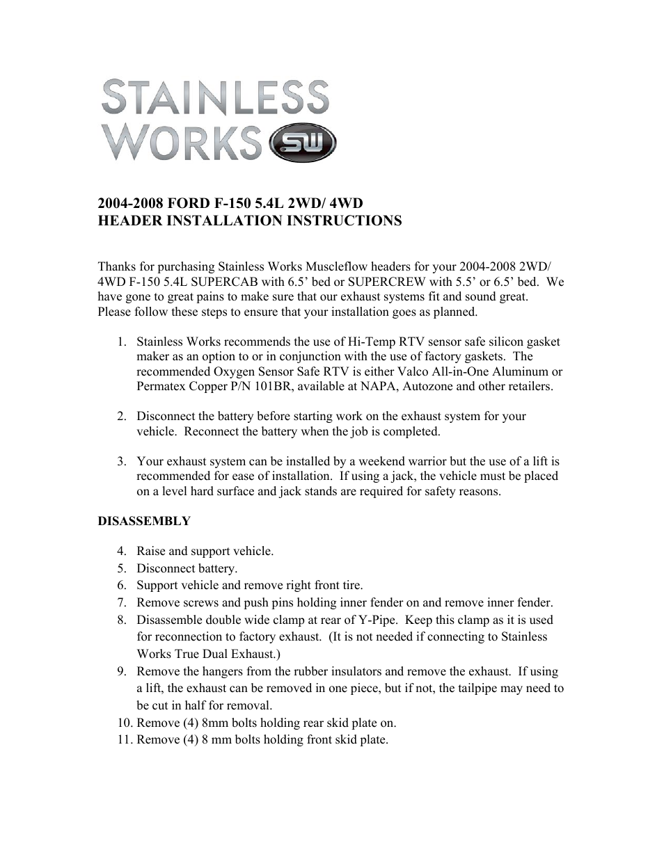 Stainless Works Ford F-150 2004-08 5.4L Headers User Manual | 4 pages