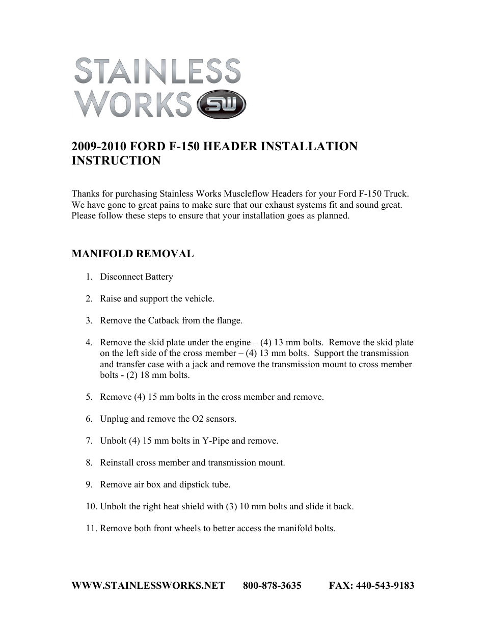 Stainless Works Ford F-150 2009-10 5.4L 2WD/ 4WD Headers User Manual | 2 pages