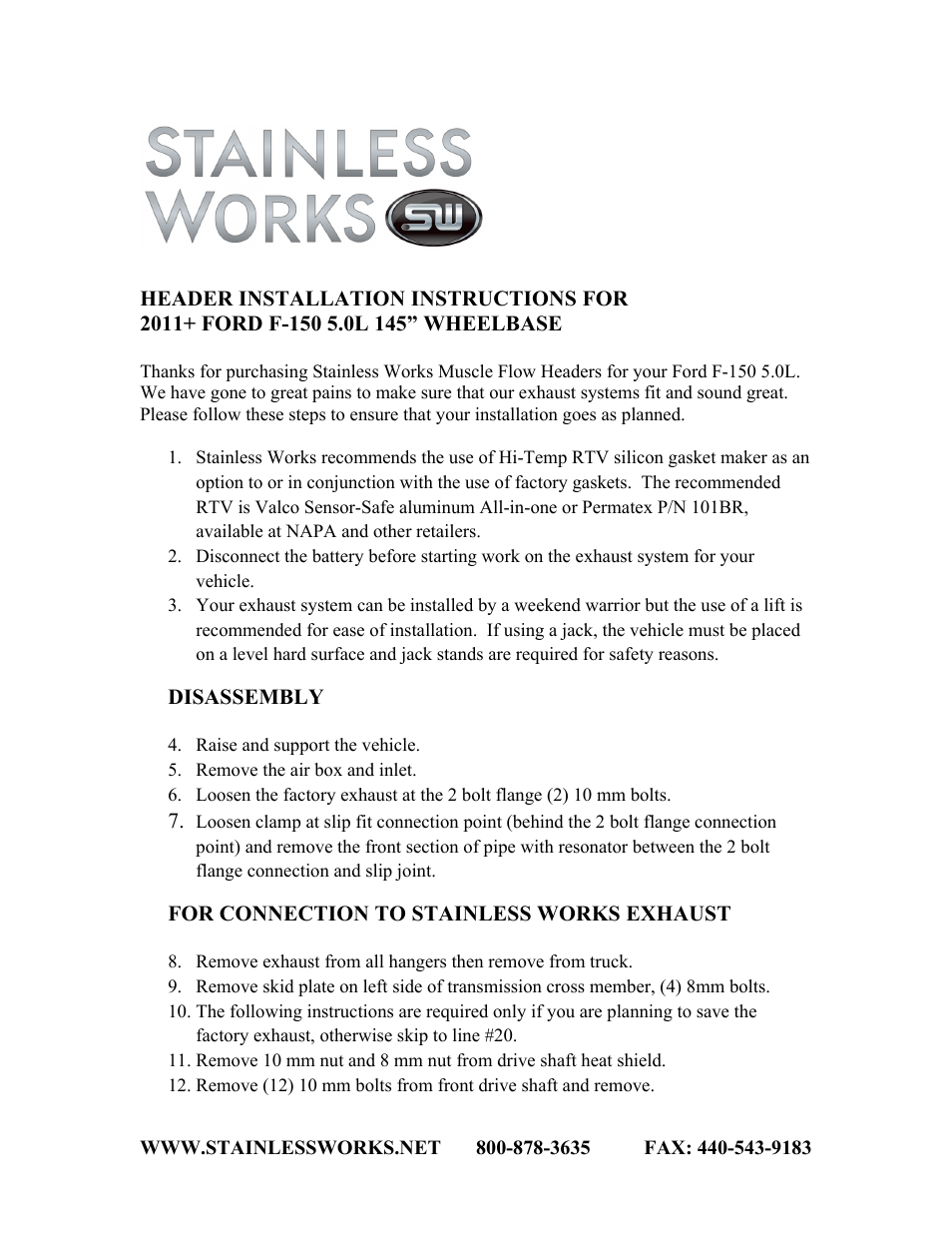 Stainless Works Ford F-150 2011-2014 5.0L Headers User Manual | 3 pages