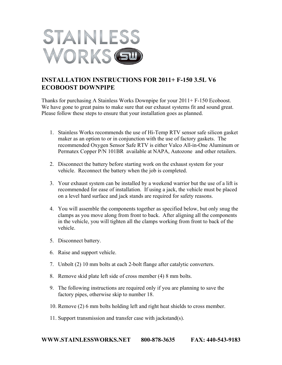 Stainless Works Ford F-150 Ecoboost 2011-14 3.5L Off-Road Downpipe User Manual | 2 pages