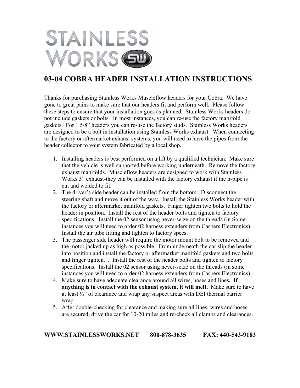 Stainless Works Ford Mustang 2003-04 Headers: Cobra / Mach 1 User Manual | 1 page