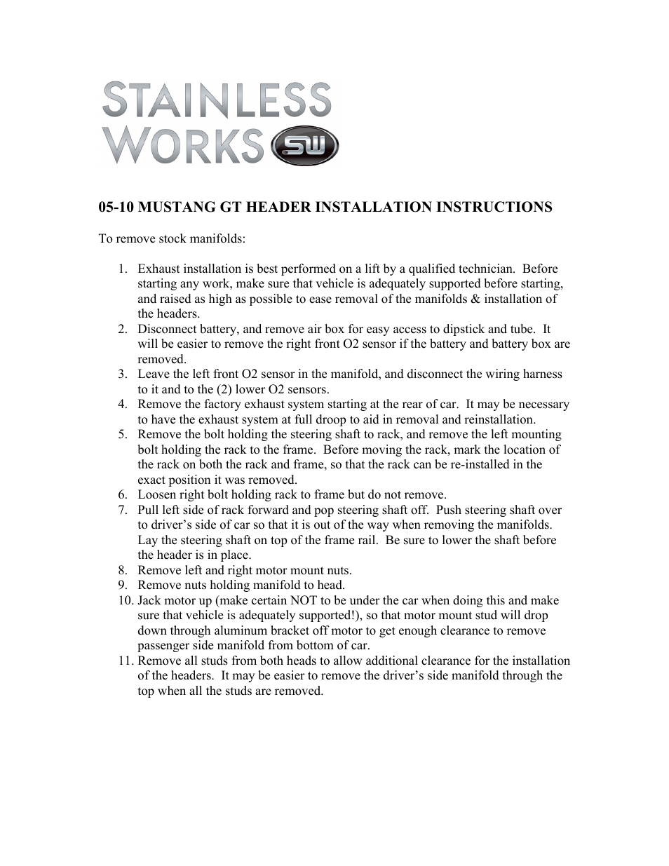 Stainless Works Ford Mustang 2005-10 Headers User Manual | 2 pages