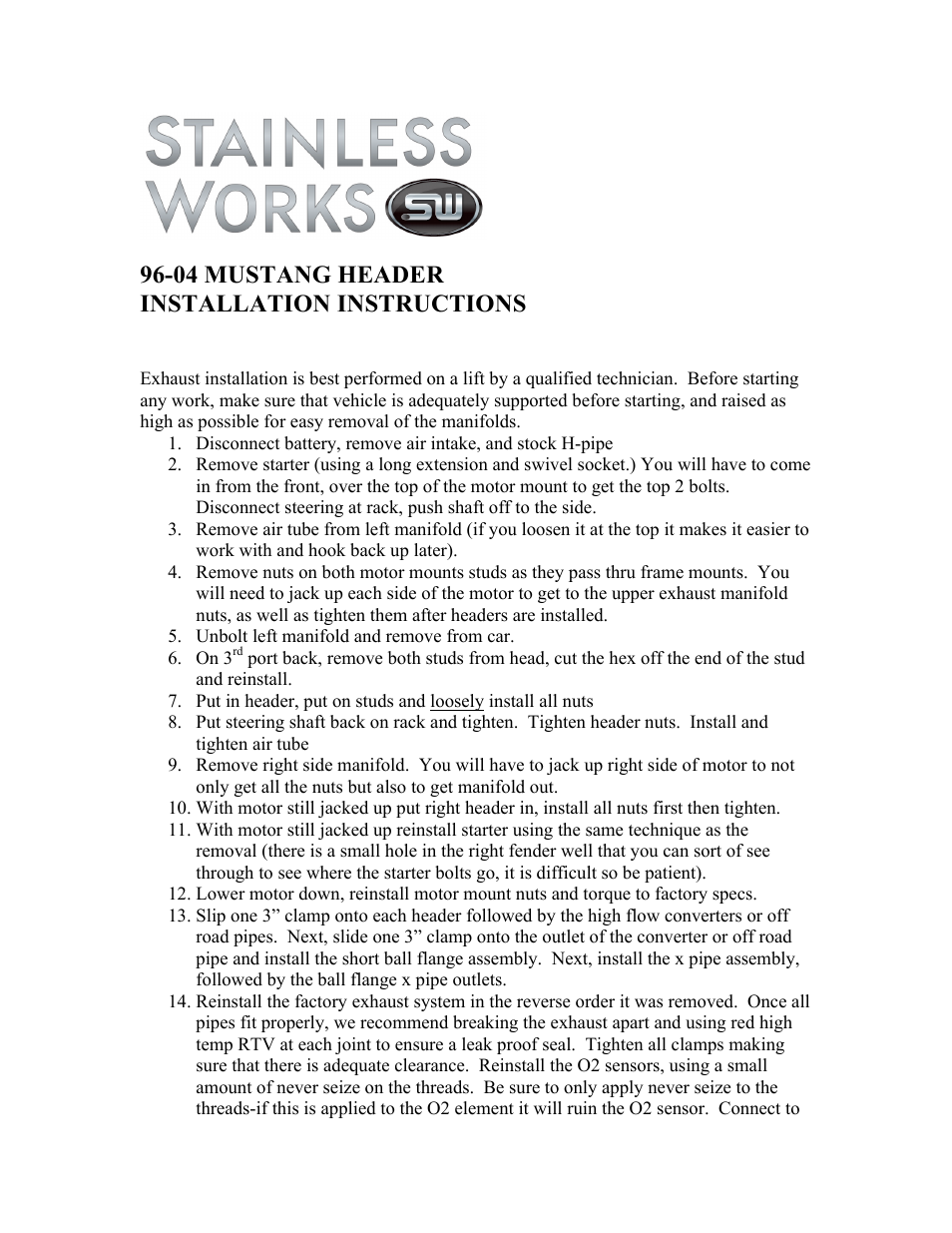 Stainless Works Ford Mustang GT 1996-04 Headers User Manual | 2 pages