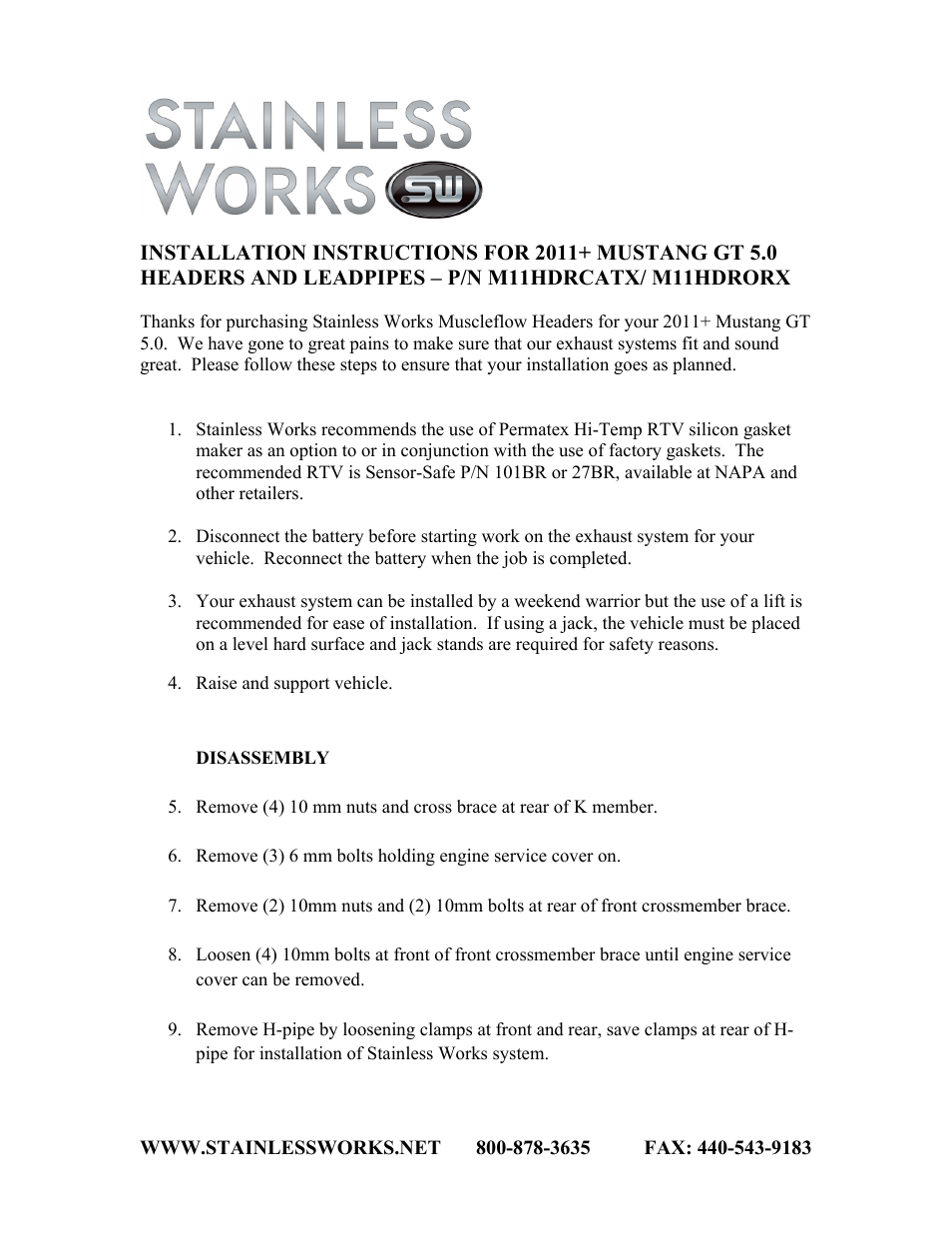 Stainless Works Ford Mustang GT 2011+ Headers User Manual | 3 pages