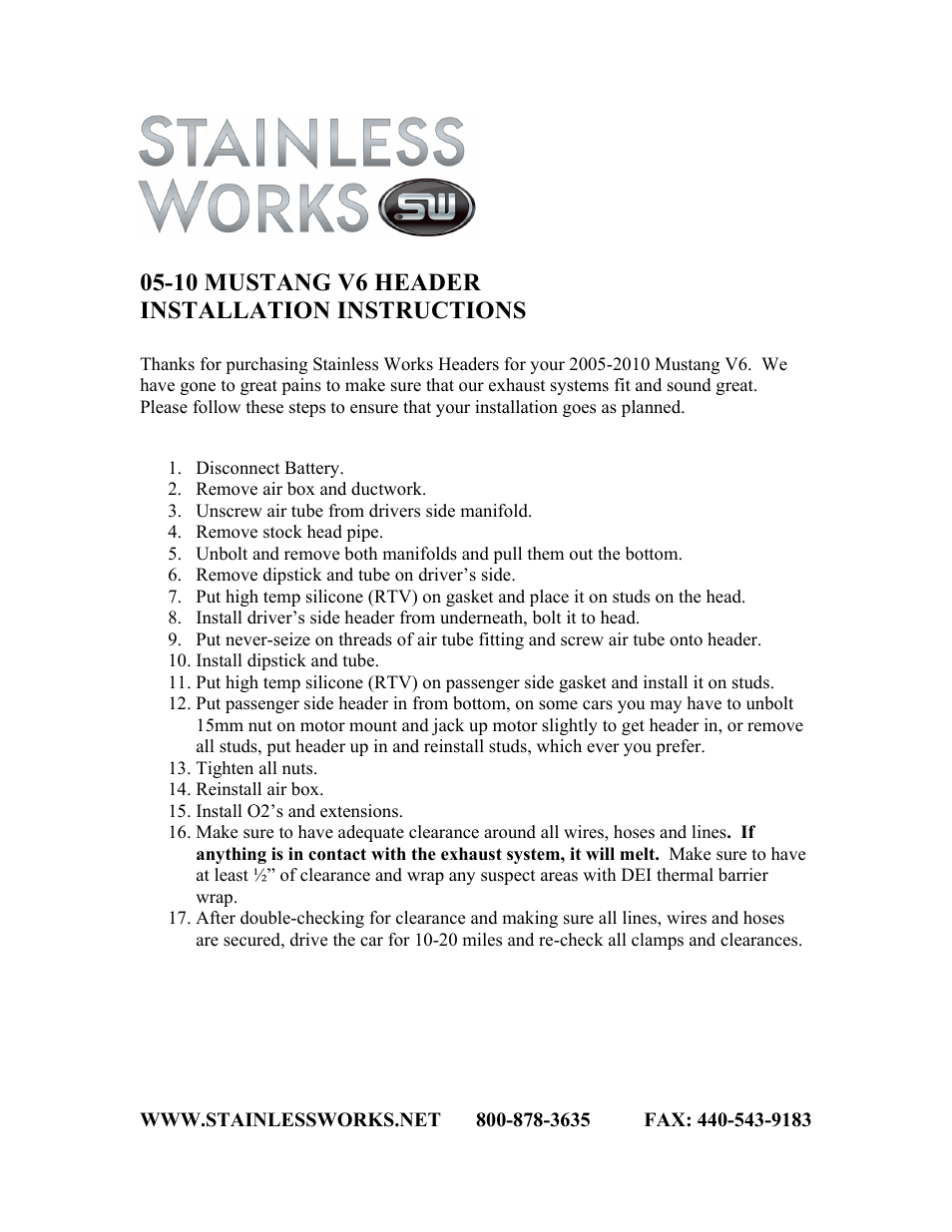 Stainless Works Ford Mustang V6 2005-10 Headers User Manual | 1 page