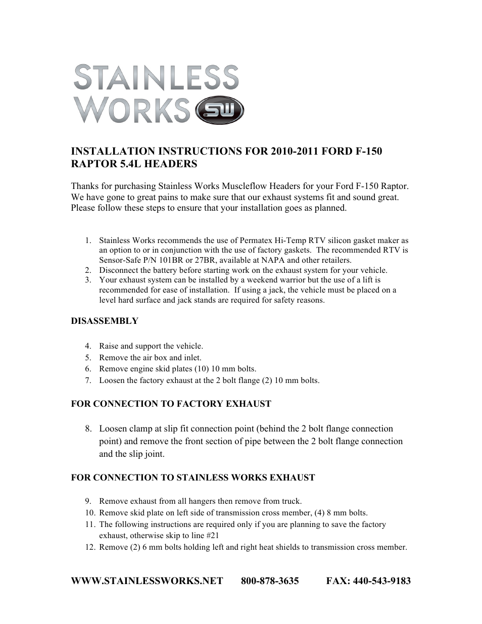 Stainless Works Ford Raptor 5.4L SuperCab 2010 Headers User Manual | 3 pages