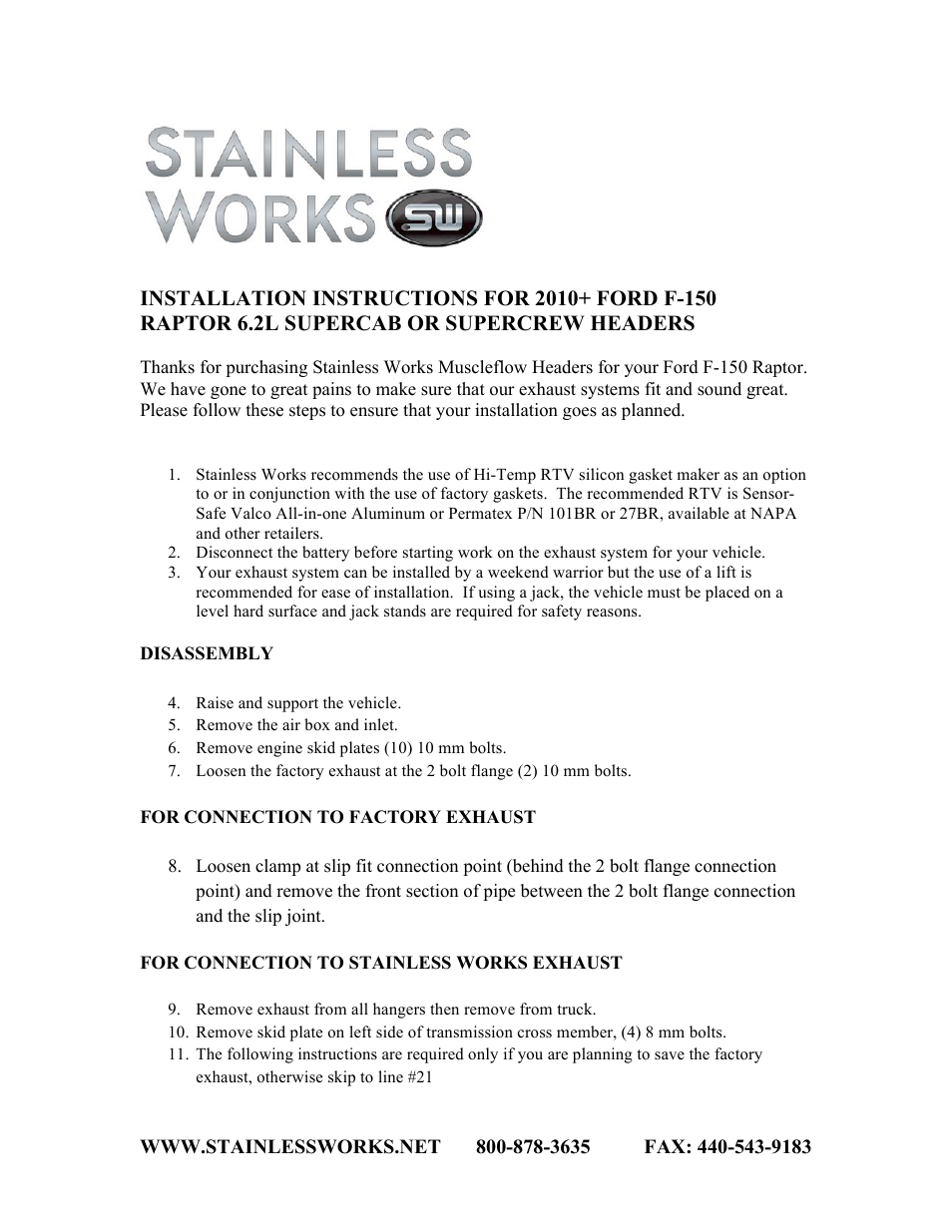 Stainless Works Ford Raptor 6.2L SuperCrew 2011+ Headers User Manual | 4 pages