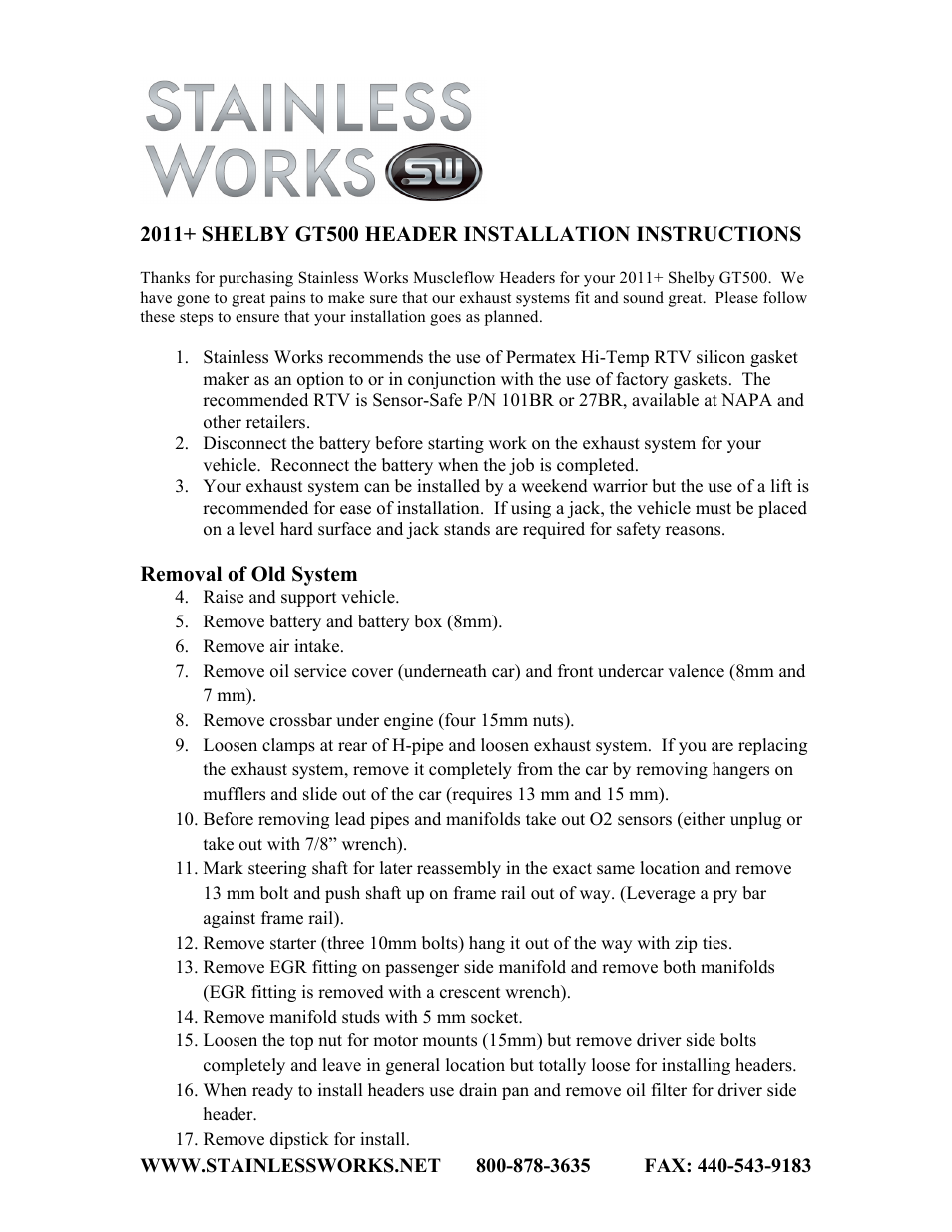 Stainless Works Ford Shelby GT500 2011+ Headers User Manual | 2 pages