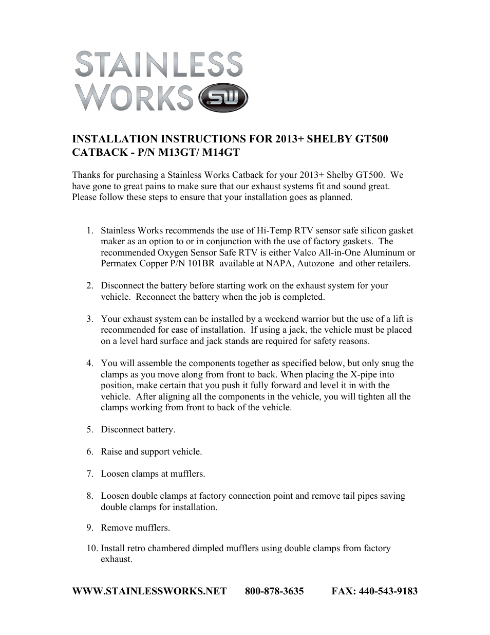 Stainless Works Ford Shelby GT500 2013+ Headers User Manual | 2 pages